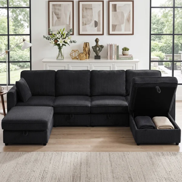 Ecksofa 4 Sitzer U Form Sofa Mit Stauraum Ottomane, 306 Cm Eckcouch Mit Cord Optik, 4 Kissen, Für Wohnzimmer
