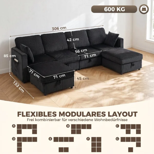 Ecksofa 4 Sitzer U Form Sofa Mit Stauraum Ottomane, 306 Cm Eckcouch Mit Cord Optik, 4 Kissen, Für Wohnzimmer