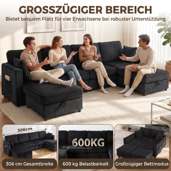 Ecksofa 4 Sitzer U Form Sofa Mit Stauraum Ottomane, 306 Cm Eckcouch Mit Cord Optik, 4 Kissen, Für Wohnzimmer