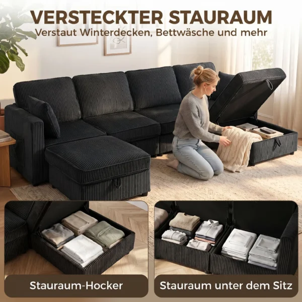 Ecksofa 4 Sitzer U Form Sofa Mit Stauraum Ottomane, 306 Cm Eckcouch Mit Cord Optik, 4 Kissen, Für Wohnzimmer