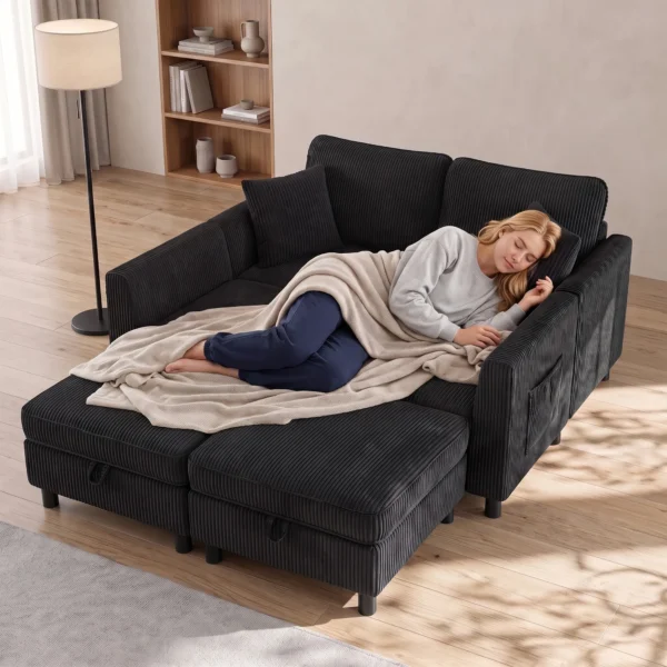 Ecksofa 4 Sitzer U Form Sofa Mit Stauraum Ottomane, 306 Cm Eckcouch Mit Cord Optik, 4 Kissen, Für Wohnzimmer
