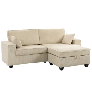 Ecksofa Mit Stauraum Ottomane, Cord, 3 Sitzer L Form Sofa Mit Federpolsterung, Breite Sitzfläche, Beige