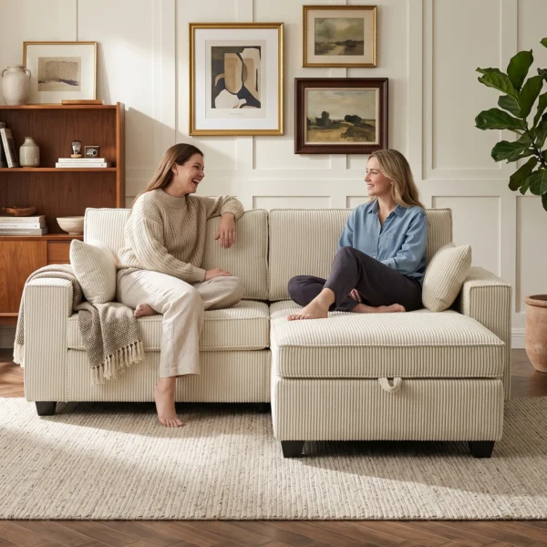 Ecksofa Mit Stauraum Ottomane, Cord, 3 Sitzer L Form Sofa Mit Federpolsterung, Breite Sitzfläche, Beige