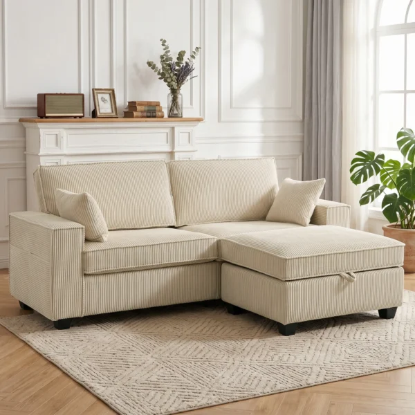 Ecksofa Mit Stauraum Ottomane, Cord, 3 Sitzer L Form Sofa Mit Federpolsterung, Breite Sitzfläche, Beige