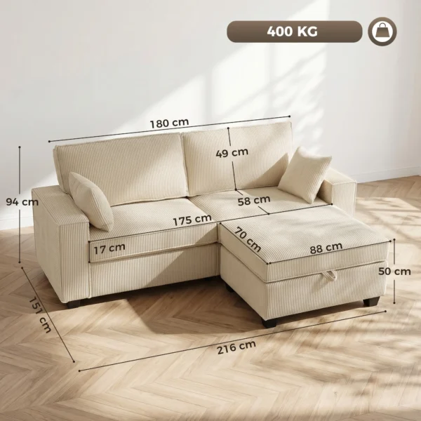 Ecksofa Mit Stauraum Ottomane, Cord, 3 Sitzer L Form Sofa Mit Federpolsterung, Breite Sitzfläche, Beige