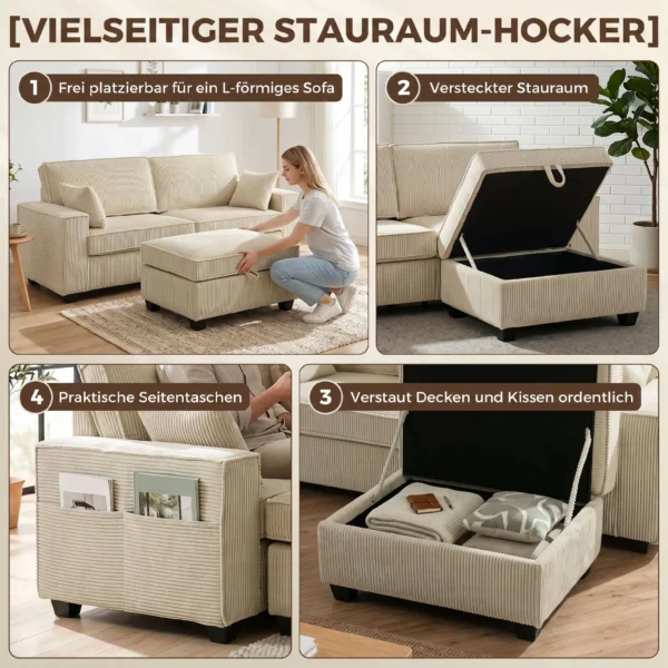 Ecksofa Mit Stauraum Ottomane, Cord, 3 Sitzer L Form Sofa Mit Federpolsterung, Breite Sitzfläche, Beige