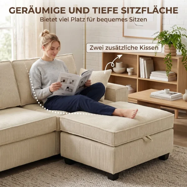 Ecksofa Mit Stauraum Ottomane, Cord, 3 Sitzer L Form Sofa Mit Federpolsterung, Breite Sitzfläche, Beige