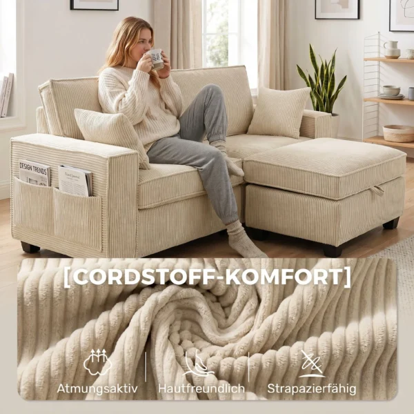 Ecksofa Mit Stauraum Ottomane, Cord, 3 Sitzer L Form Sofa Mit Federpolsterung, Breite Sitzfläche, Beige