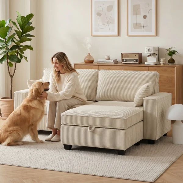 Ecksofa Mit Stauraum Ottomane, Cord, 3 Sitzer L Form Sofa Mit Federpolsterung, Breite Sitzfläche, Beige
