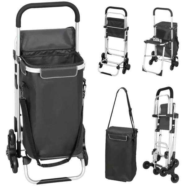 Einkaufstrolley, 40 L Oxford Tasche, 3 Rad Design, Aluminiumrahmen, Sitz, Duneklgrau