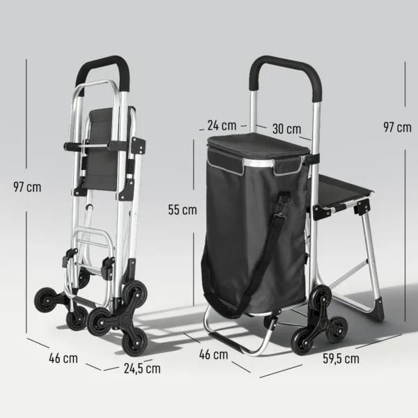 Einkaufstrolley, 40 L Oxford Tasche, 3 Rad Design, Aluminiumrahmen, Sitz, Duneklgrau
