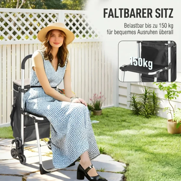 Einkaufstrolley, 40 L Oxford Tasche, 3 Rad Design, Aluminiumrahmen, Sitz, Duneklgrau