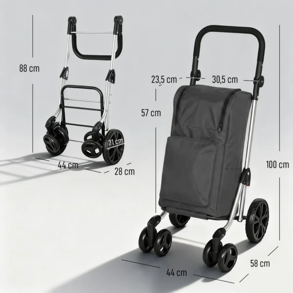 Einkaufstrolley, 46 Liter Tasche, Faltbarer Einkaufswagen Mit Kühltasche, Verstellbarer Griff, Aluminiumrahmen, Dunkelgrau