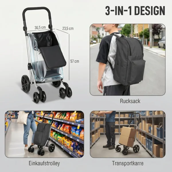 Einkaufstrolley, 46 Liter Tasche, Faltbarer Einkaufswagen Mit Kühltasche, Verstellbarer Griff, Aluminiumrahmen, Dunkelgrau