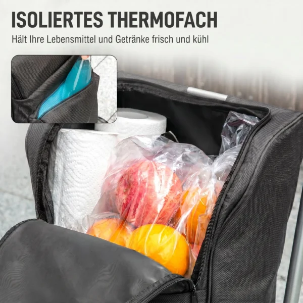 Einkaufstrolley, 46 Liter Tasche, Faltbarer Einkaufswagen Mit Kühltasche, Verstellbarer Griff, Aluminiumrahmen, Dunkelgrau