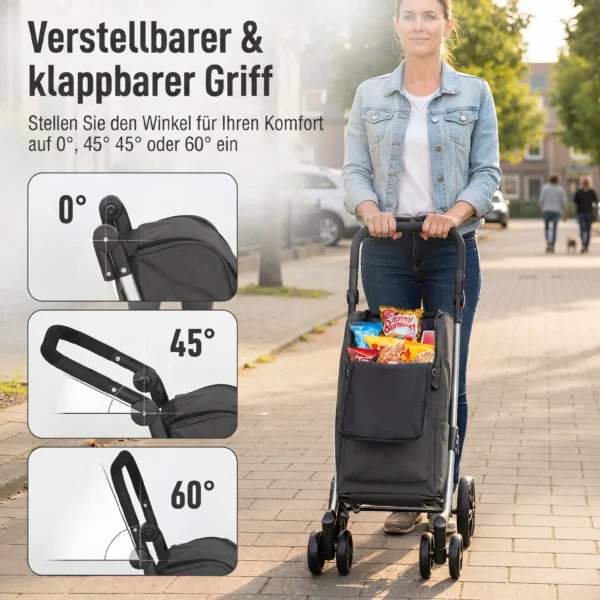 Einkaufstrolley, 46 Liter Tasche, Faltbarer Einkaufswagen Mit Kühltasche, Verstellbarer Griff, Aluminiumrahmen, Dunkelgrau