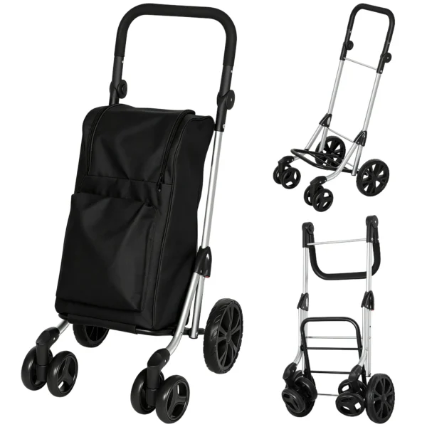 Einkaufstrolley, 46 Liter Tasche, Faltbarer Einkaufswagen Mit Kühltasche, Verstellbarer Griff, Aluminiumrahmen, Schwarz
