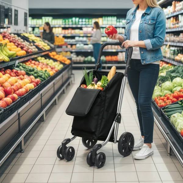 Einkaufstrolley, 46 Liter Tasche, Faltbarer Einkaufswagen Mit Kühltasche, Verstellbarer Griff, Aluminiumrahmen, Schwarz