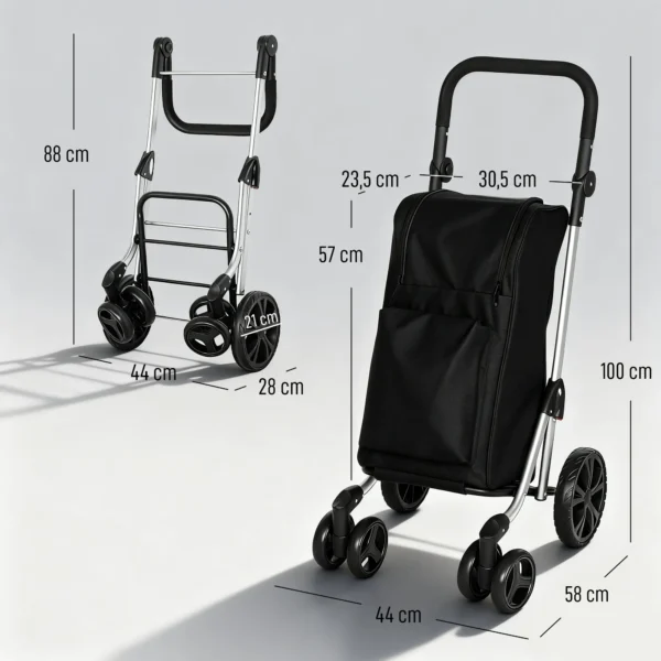 Einkaufstrolley, 46 Liter Tasche, Faltbarer Einkaufswagen Mit Kühltasche, Verstellbarer Griff, Aluminiumrahmen, Schwarz