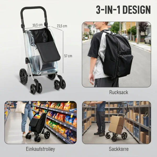 Einkaufstrolley, 46 Liter Tasche, Faltbarer Einkaufswagen Mit Kühltasche, Verstellbarer Griff, Aluminiumrahmen, Schwarz