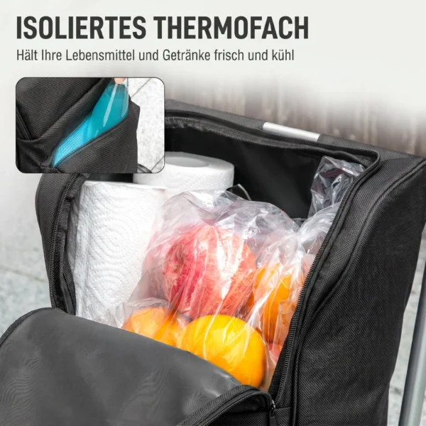 Einkaufstrolley, 46 Liter Tasche, Faltbarer Einkaufswagen Mit Kühltasche, Verstellbarer Griff, Aluminiumrahmen, Schwarz