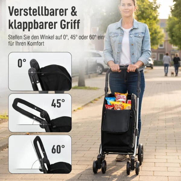 Einkaufstrolley, 46 Liter Tasche, Faltbarer Einkaufswagen Mit Kühltasche, Verstellbarer Griff, Aluminiumrahmen, Schwarz