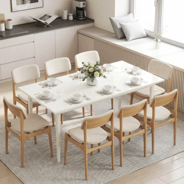 Esstisch Für 8 Personen, Moderner Küchentisch Mit Massivholzbeinen, 180 Cm, Creme