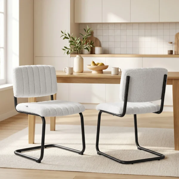 Esszimmerstühle 2er Set Modern Freischwinger Stuhl Mit Hoher Rückenlehne, Teddyfleece Optik Für Küche, Esstisch Creme