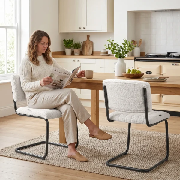 Esszimmerstühle 2er Set Modern Freischwinger Stuhl Mit Hoher Rückenlehne, Teddyfleece Optik Für Küche, Esstisch Creme