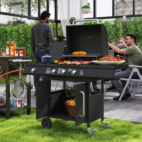 Fahrbarer Gasgrill Mit Stauraum, Seitentisch, Seitenbrenner, Warmhalterost, Thermometer, Edelstahl, Schwarz