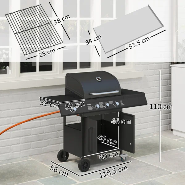 Fahrbarer Gasgrill Mit Stauraum, Seitentisch, Seitenbrenner, Warmhalterost, Thermometer, Edelstahl, Schwarz