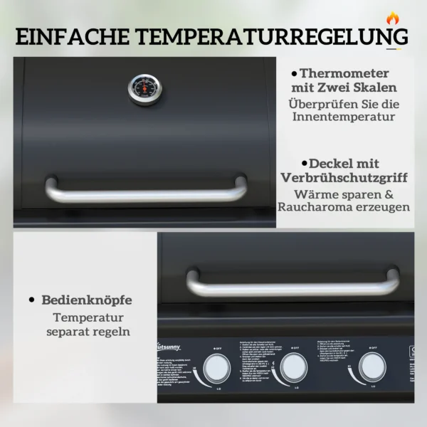 Fahrbarer Gasgrill Mit Stauraum, Seitentisch, Seitenbrenner, Warmhalterost, Thermometer, Edelstahl, Schwarz