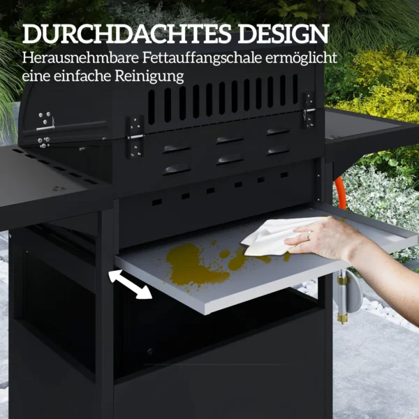 Fahrbarer Gasgrill Mit Stauraum, Seitentisch, Seitenbrenner, Warmhalterost, Thermometer, Edelstahl, Schwarz