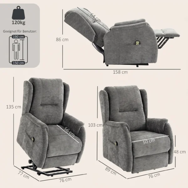Fernsehsessel Relaxsessel Mit Aufstehhilfe Für Senioren, Chenille Optik, Mit Fernbedienung Und Seitentaschen, Dunkelgrau