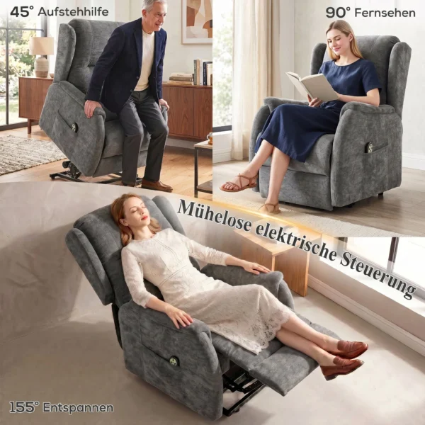 Fernsehsessel Relaxsessel Mit Aufstehhilfe Für Senioren, Chenille Optik, Mit Fernbedienung Und Seitentaschen, Dunkelgrau