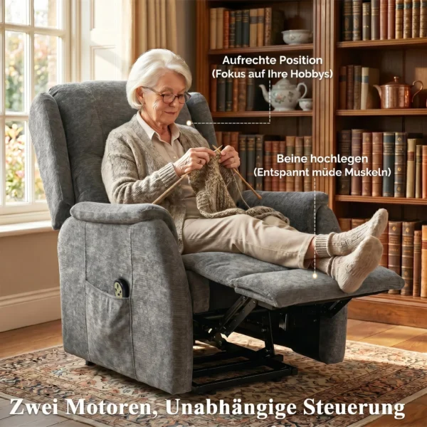 Fernsehsessel Relaxsessel Mit Aufstehhilfe Für Senioren, Chenille Optik, Mit Fernbedienung Und Seitentaschen, Dunkelgrau
