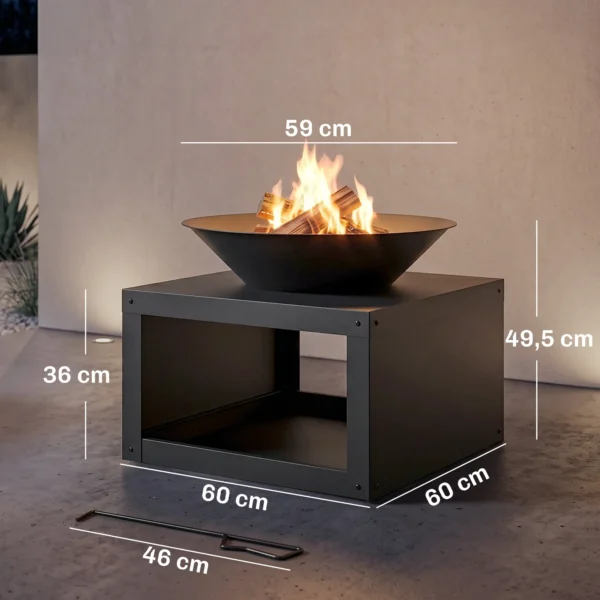 Feuerschale Ø59 Cm Feuerstelle Mit Holzablage, Schürhaken, Holz & Kohle Nutzbar, Rund Schwarz