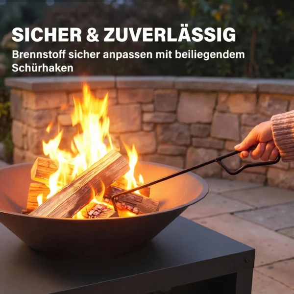 Feuerschale Ø59 Cm Feuerstelle Mit Holzablage, Schürhaken, Holz & Kohle Nutzbar, Rund Schwarz