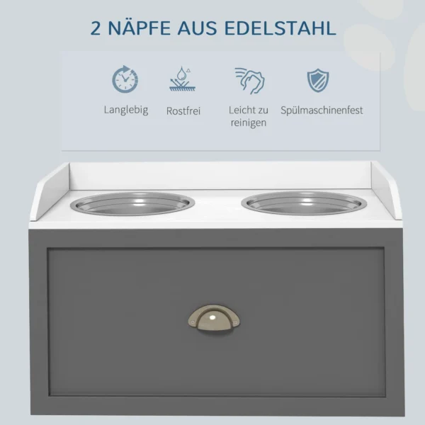 Futterstation Erhöhte Fressnäpfe 1 Stauraum 2 Edelstahl Futternäpfe, 60 X 30 X 42 Cm, Weiß