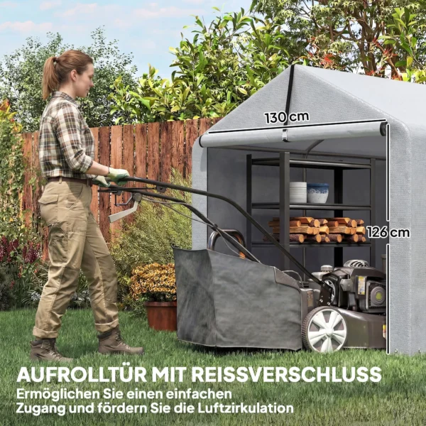 Garagenzelt 2,2 X 1,6 M Wasserdicht Gerätezelt Mit Rolltür Satteldach Stahlrahmen, UV beständig Hellgrau
