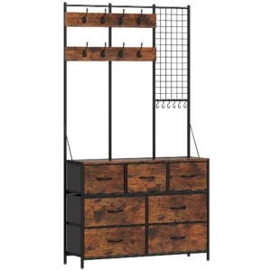 Garderobenständer, Kleiderständer Mit Stoff Schublade, 14 Haken Für Flur, Schlafzimmer, Rustikal Braun, Höhe 183 Cm