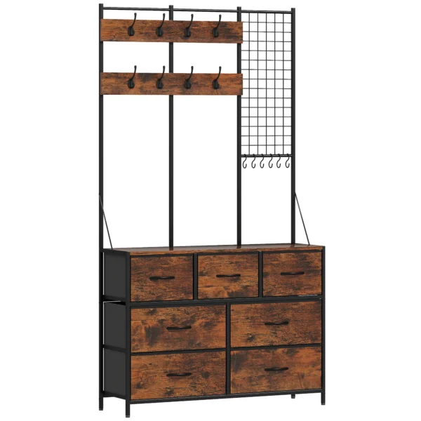 Garderobenständer, Kleiderständer Mit Stoff Schublade, 14 Haken Für Flur, Schlafzimmer, Rustikal Braun, Höhe 183 Cm