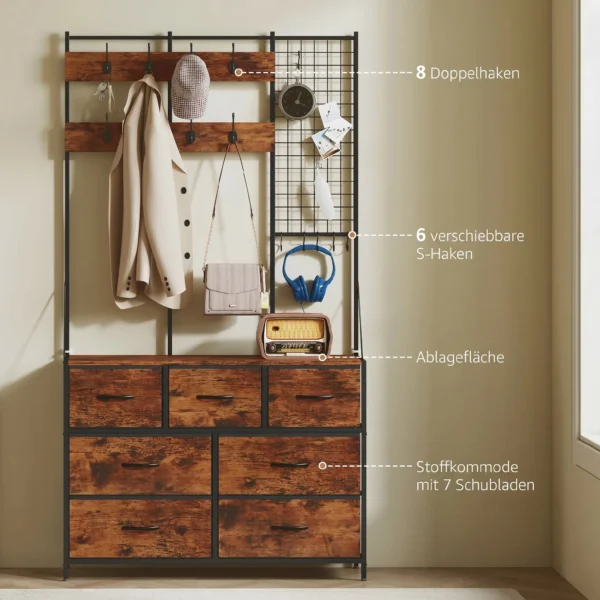 Garderobenständer, Kleiderständer Mit Stoff Schublade, 14 Haken Für Flur, Schlafzimmer, Rustikal Braun, Höhe 183 Cm