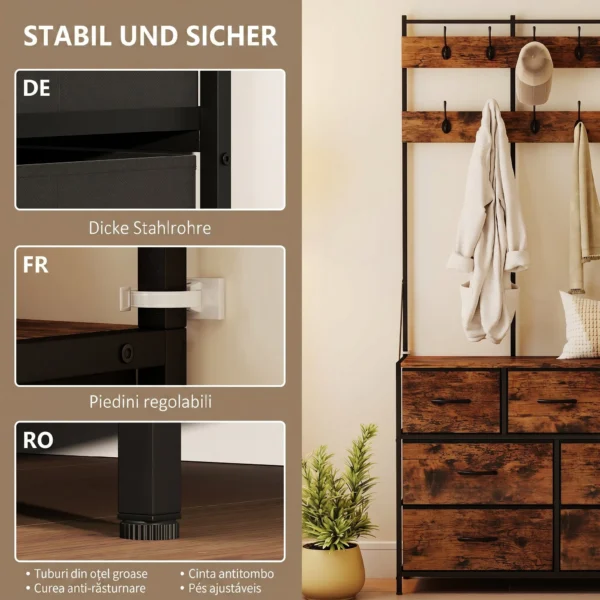 Garderobenständer, Kleiderständer Mit Stoff Schublade, 14 Haken Für Flur, Schlafzimmer, Rustikal Braun, Höhe 183 Cm