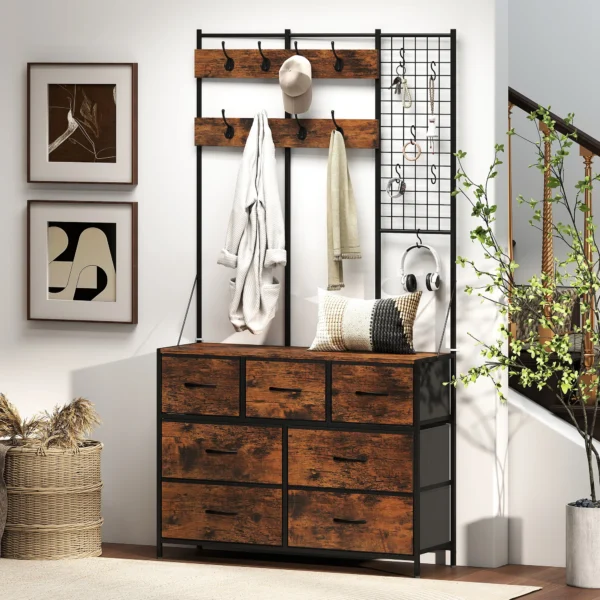Garderobenständer, Kleiderständer Mit Stoff Schublade, 14 Haken Für Flur, Schlafzimmer, Rustikal Braun, Höhe 183 Cm