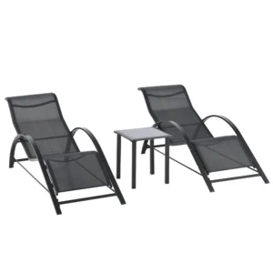 Gartenlounge Set, 2 Liegen Mit Beistelltisch, Atmungsaktiver Stoff, Stabiler Metallrahmen, Schwarz