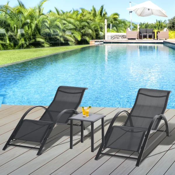 Gartenlounge Set, 2 Liegen Mit Beistelltisch, Atmungsaktiver Stoff, Stabiler Metallrahmen, Schwarz