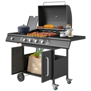 Gasgrill 15,2 KW Grillwagen Inkl 5 Edelstahl Brenner Rolle Seitenkocher 129,5 X 56 X 110 Cm Schwarz