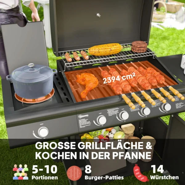 Gasgrill 15,2 KW Grillwagen Inkl 5 Edelstahl Brenner Rolle Seitenkocher 129,5 X 56 X 110 Cm Schwarz