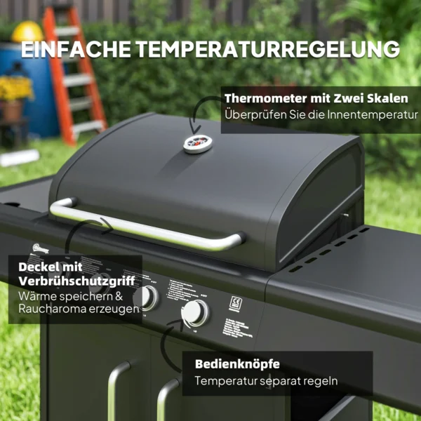 Gasgrill 15,2 KW Grillwagen Inkl 5 Edelstahl Brenner Rolle Seitenkocher 129,5 X 56 X 110 Cm Schwarz